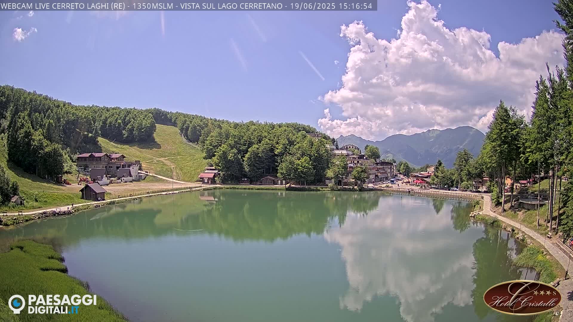 A calm lake reflects a partly cloudy sky, mountains, and a village with buildings nestled amongst green trees and hills.
