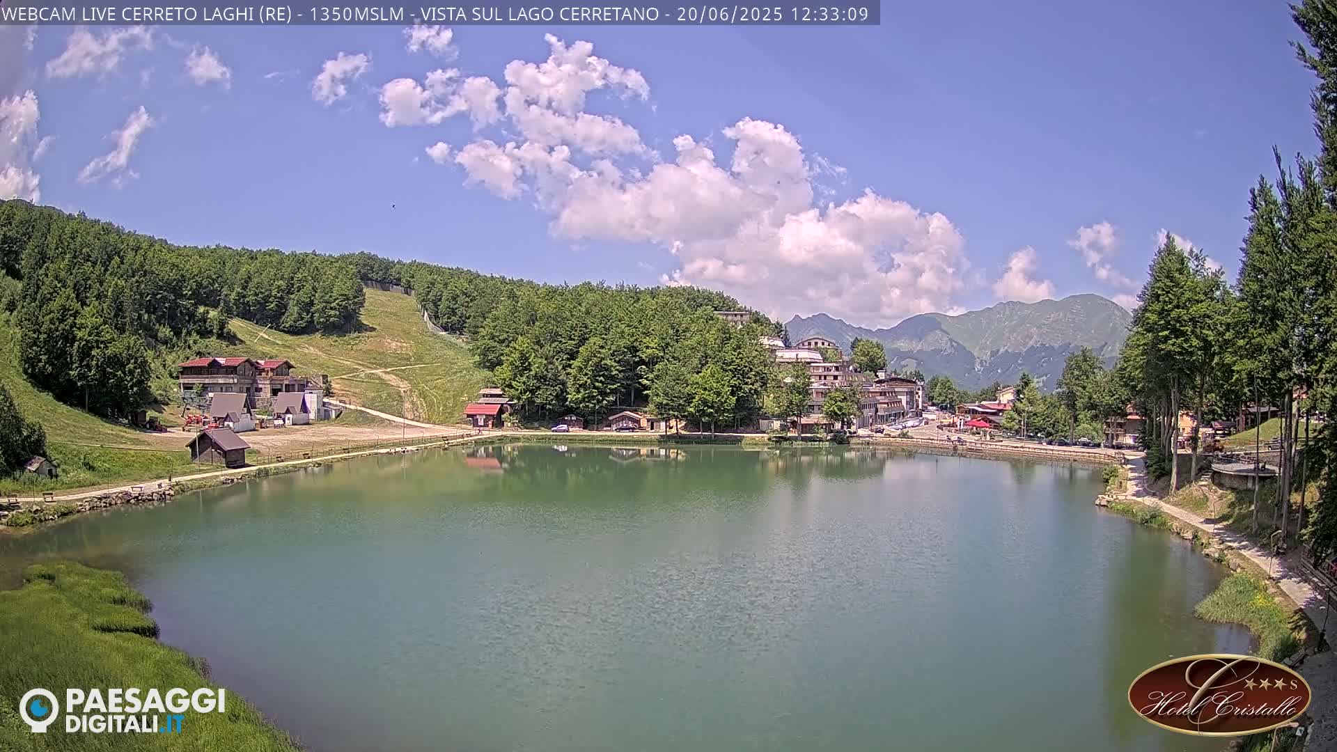 A calm lake reflects buildings and mountains under a partly cloudy sky.