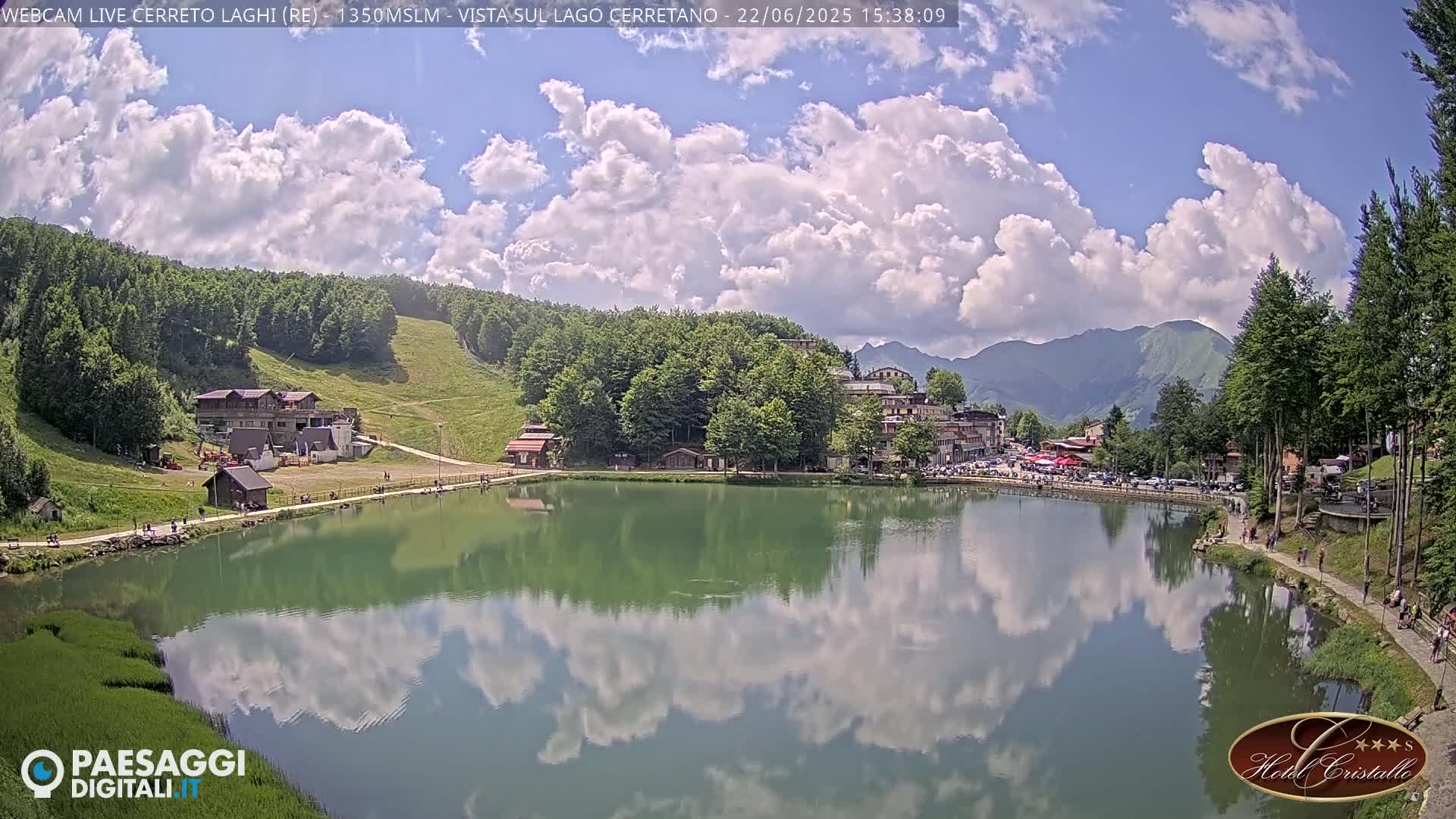 A calm lake reflects a partly cloudy sky and surrounding mountain village under a bright, sunny sky.