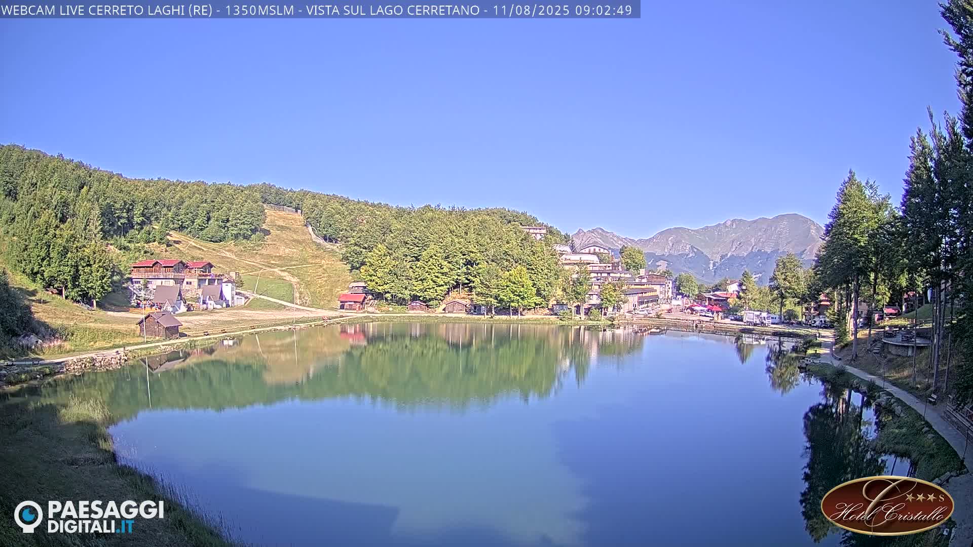 A calm lake reflects a village nestled among green hills and mountains under a clear blue sky.