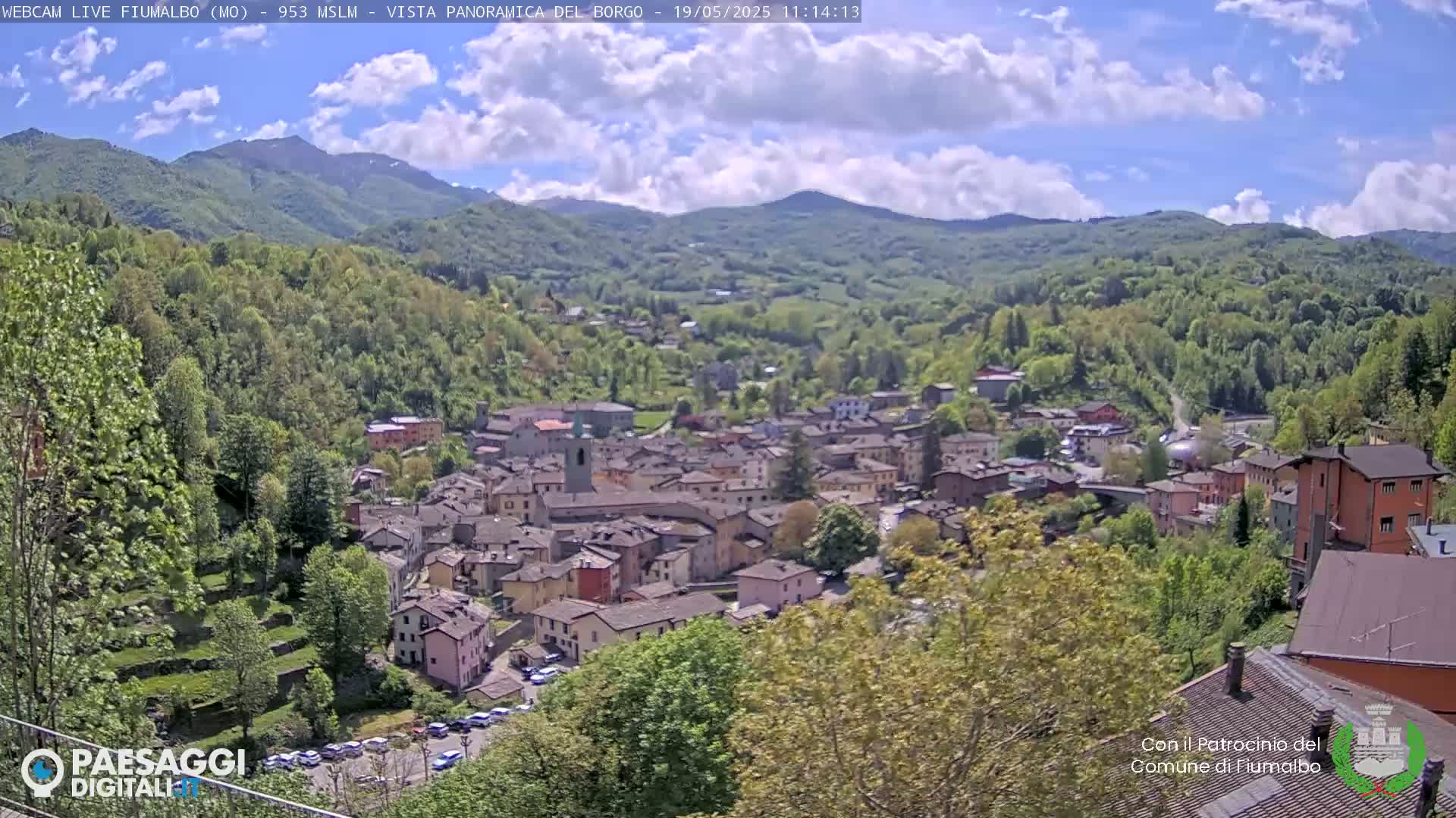 A quaint village nestled in a valley, surrounded by lush green hills and a partly cloudy sky.