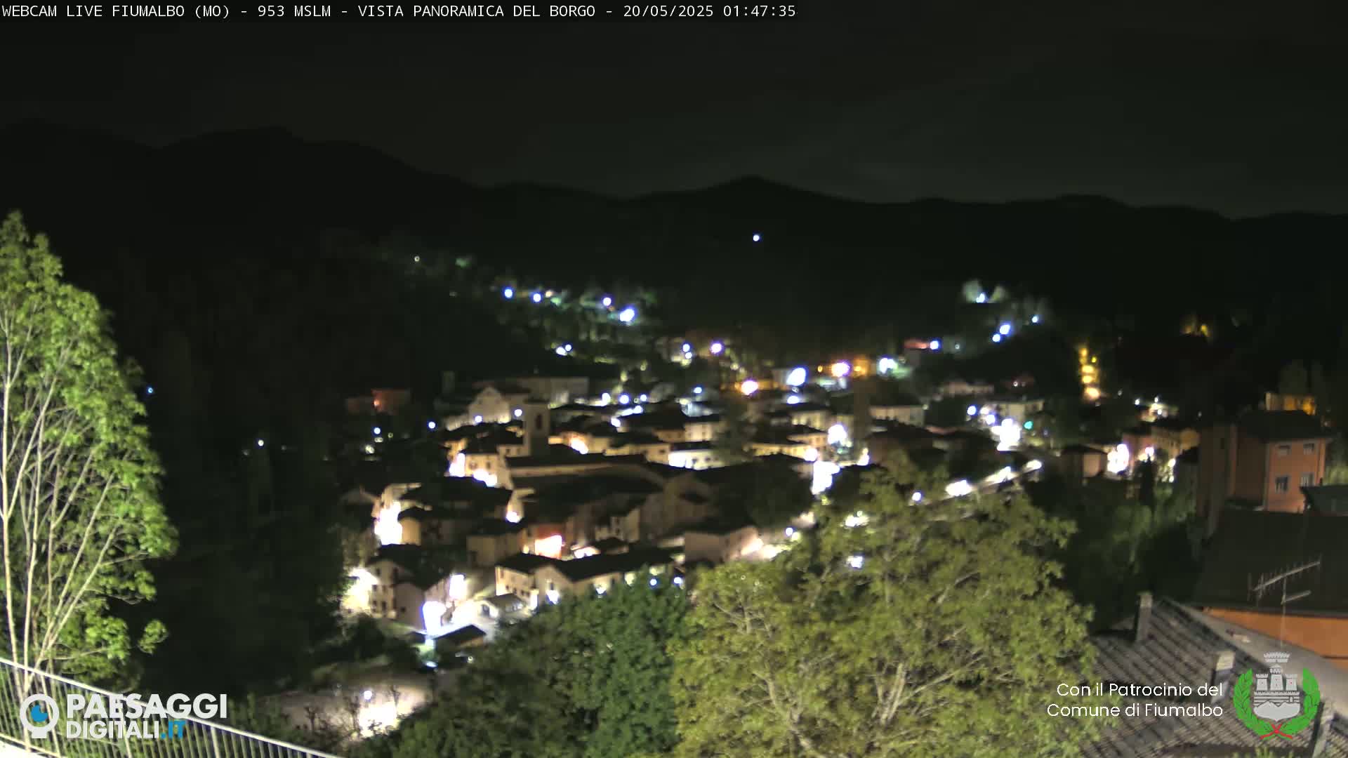 A nighttime panoramic view of a small, illuminated town nestled in a valley, surrounded by dark hills and trees under a clear sky.