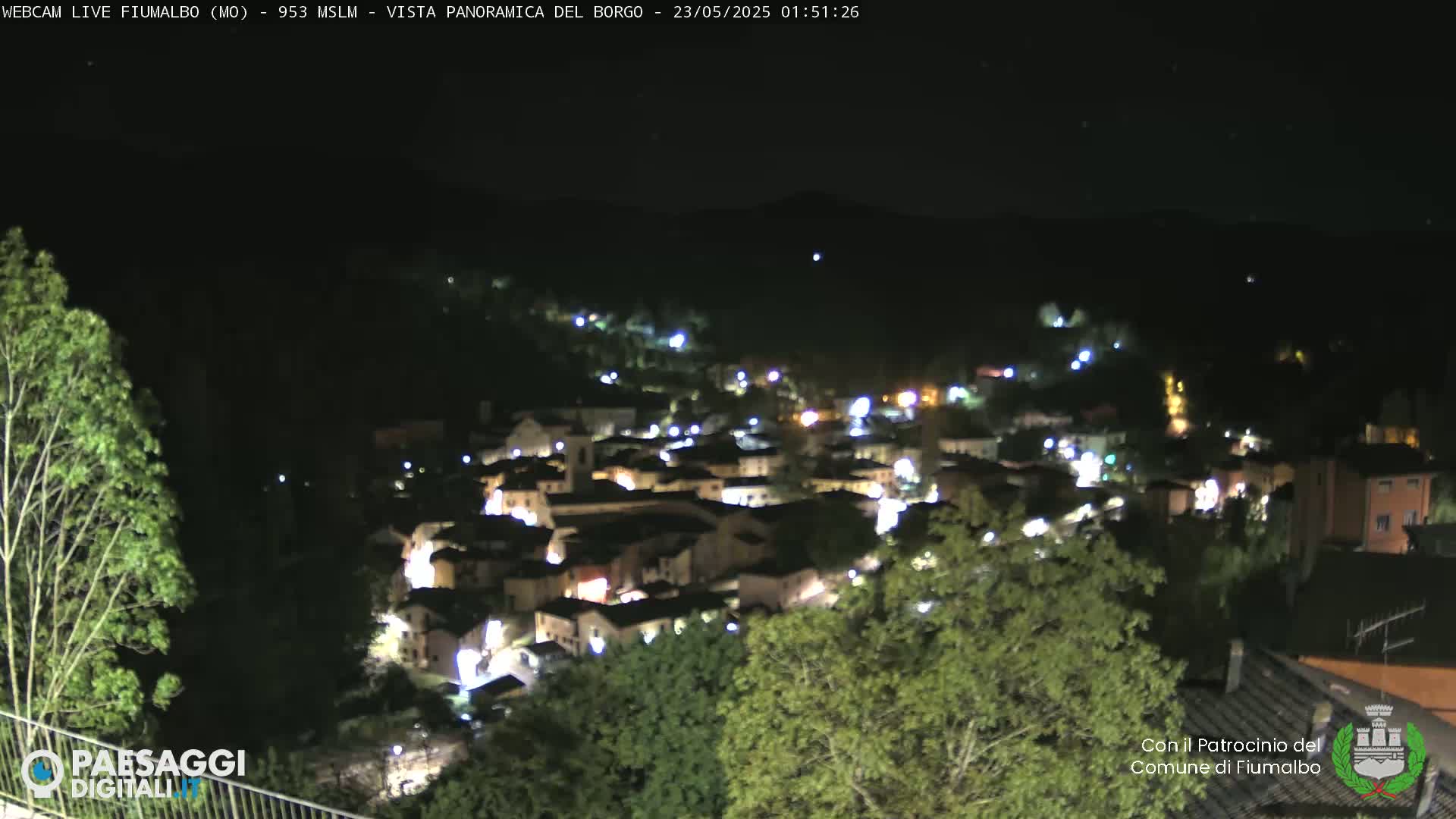 A nighttime, panoramic view of a small town nestled among hills and trees under a clear sky.