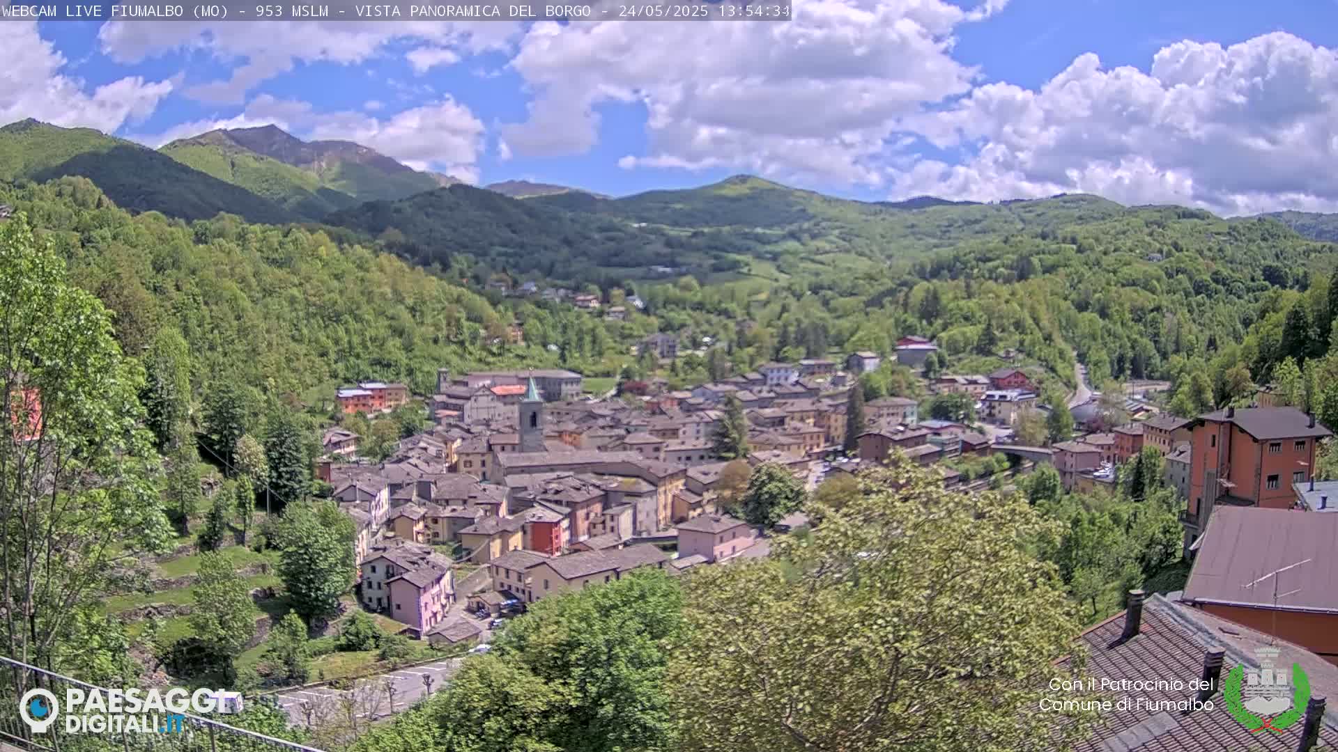 A small town nestled in a valley surrounded by lush green hills and a partly cloudy sky.