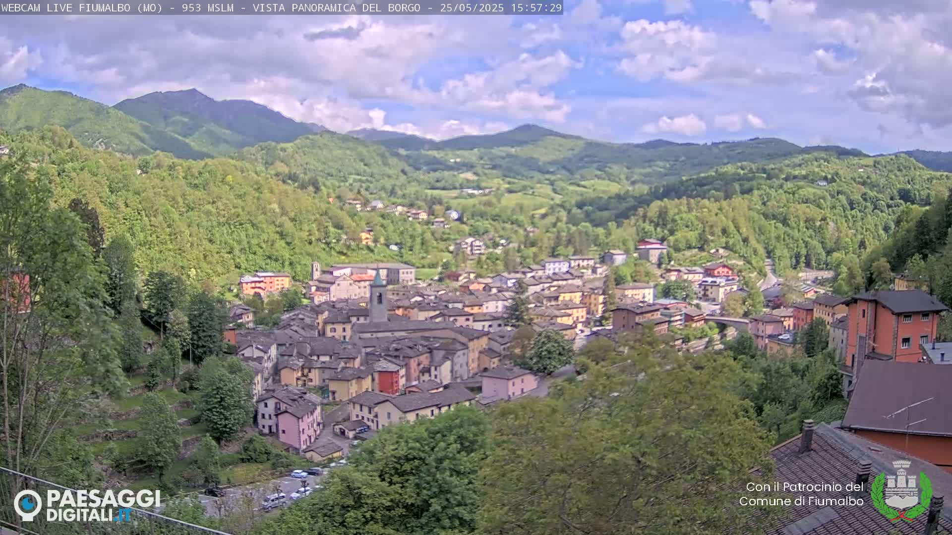 A partly cloudy day reveals a quaint village nestled in a verdant valley, surrounded by rolling hills and mountains.