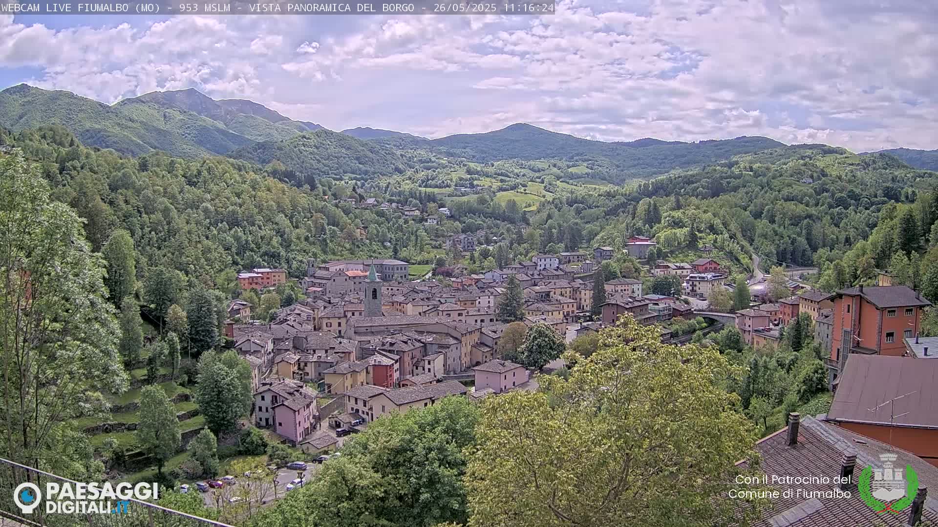 A panoramic view of a town nestled in a valley surrounded by lush green hills and mountains under a partly cloudy sky.