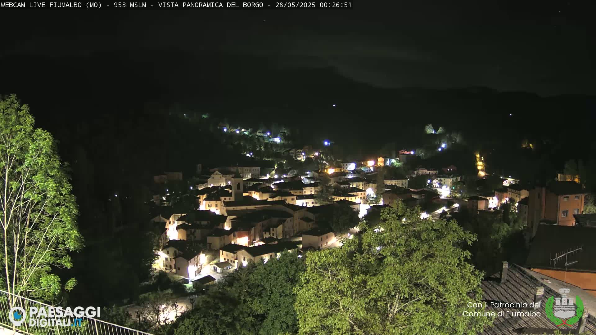A nighttime, panoramic view of a small town nestled in a valley, illuminated by streetlights.