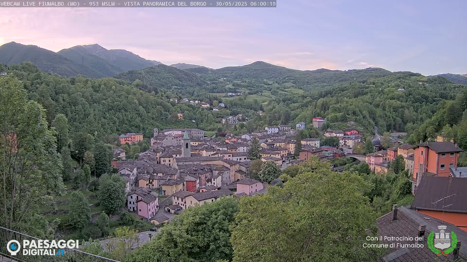 A quaint village nestled in a valley surrounded by lush green hills under a pale, dusky sky.