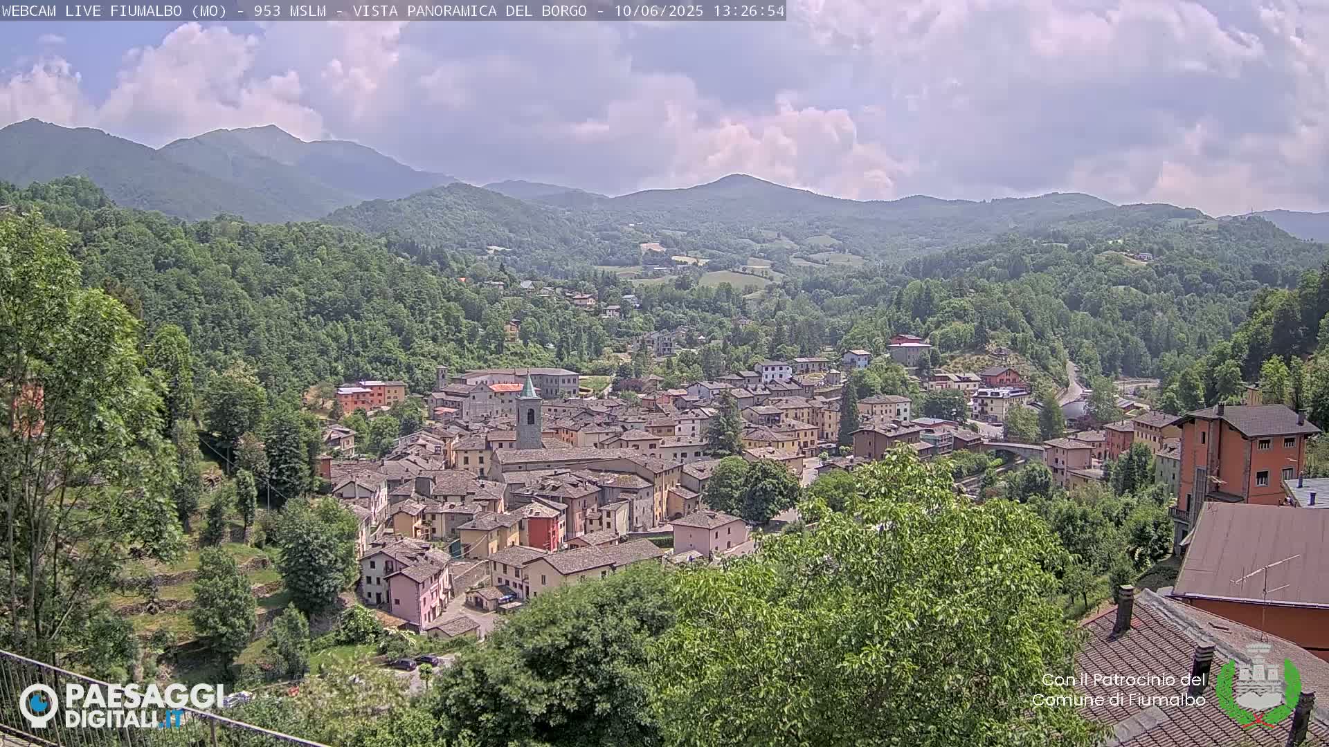 A small town nestled in a valley surrounded by lush green mountains under a partly cloudy sky.