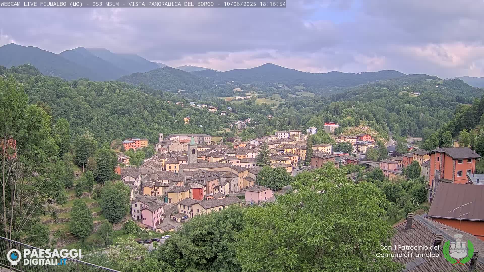 A small town nestled in a valley, surrounded by lush green hills and mountains under a mostly cloudy sky.