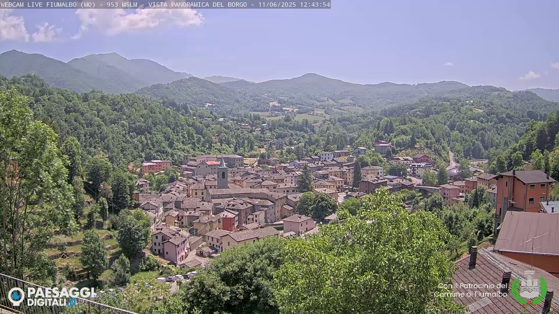 A panoramic view of a village nestled in a valley surrounded by lush green hills and mountains under a clear, sunny sky.