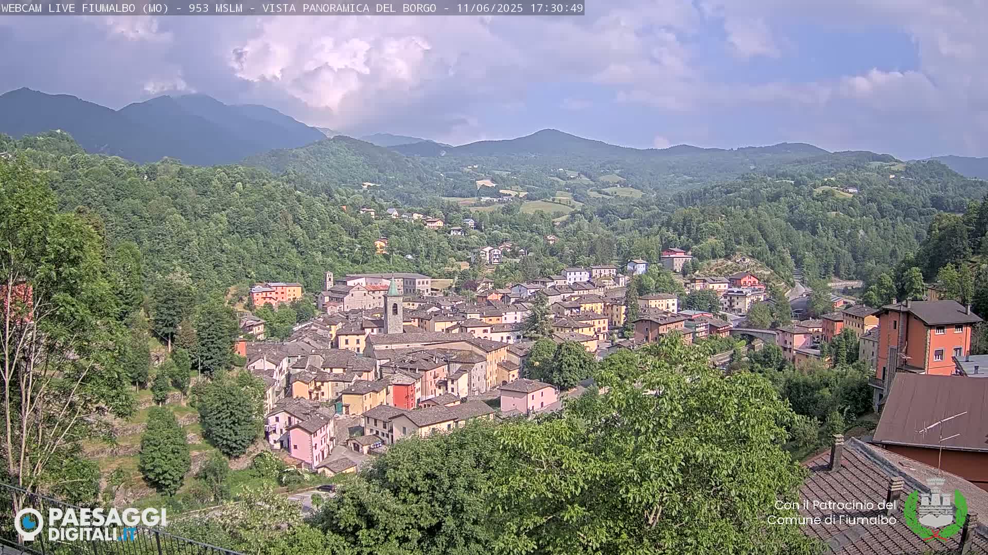 A picturesque village nestled in a valley surrounded by green hills and mountains under a partly cloudy sky.