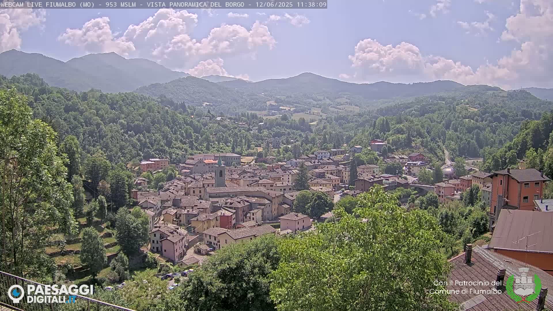 A picturesque village nestled in a valley surrounded by lush green hills and mountains under a partly cloudy sky.