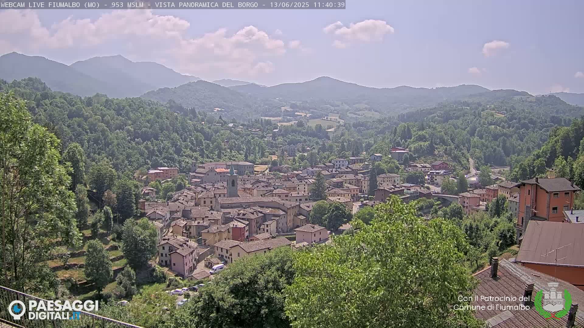 A panoramic view shows a small town nestled in a valley surrounded by lush green hills and mountains under a mostly clear sky.