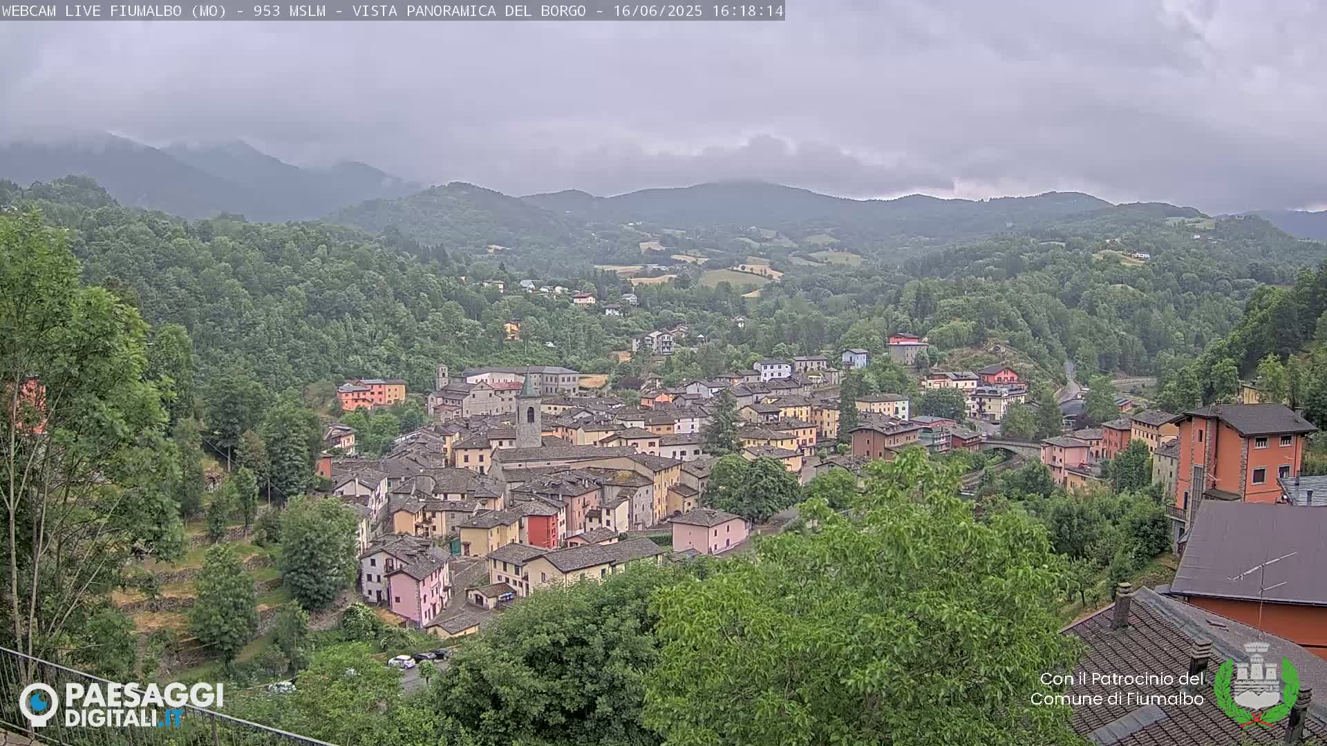 A small town nestled in a valley between lush green hills under an overcast sky.