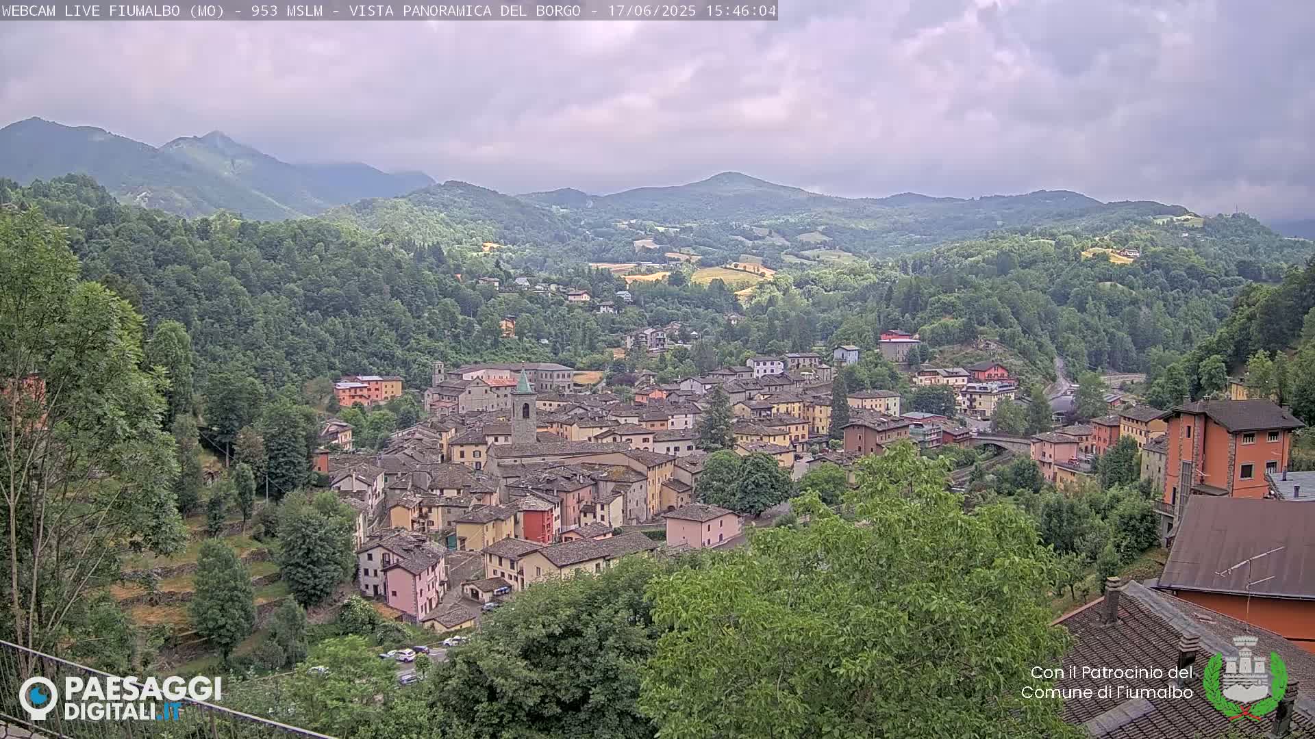 A panoramic view of a town nestled in a valley surrounded by lush green hills under a cloudy sky.