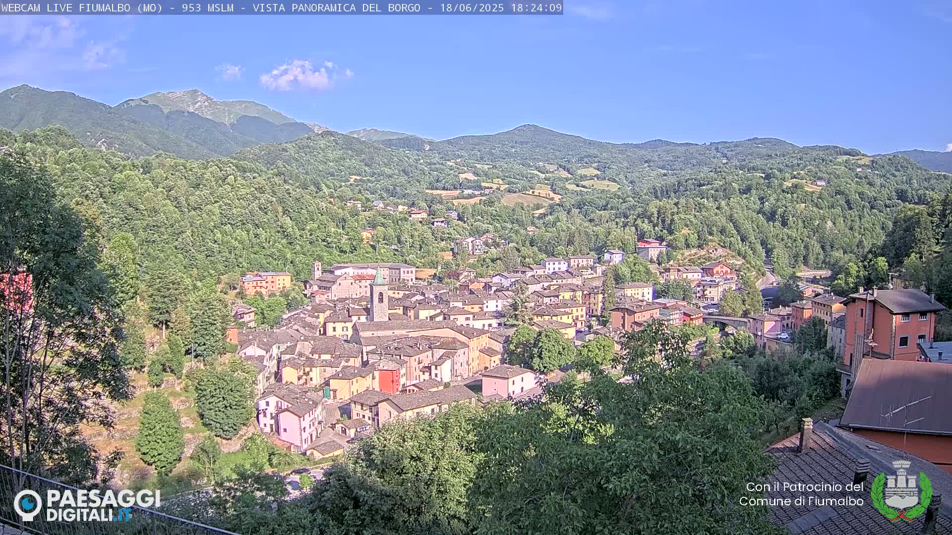 A picturesque village nestled in a valley, surrounded by lush green hills and mountains under a clear blue sky.