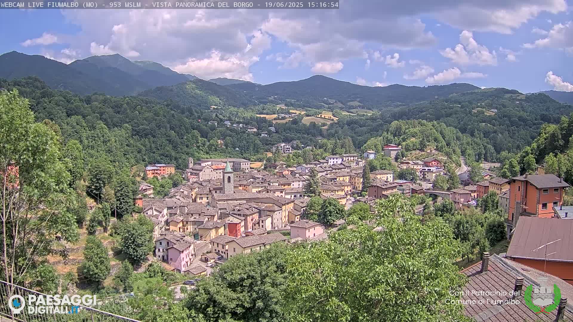 A small town nestled in a valley between verdant, tree-covered mountains under a partly cloudy sky.