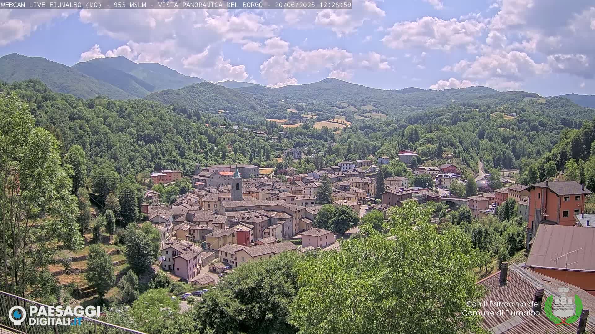 A partly cloudy day reveals a picturesque village nestled in a valley surrounded by lush green mountains.