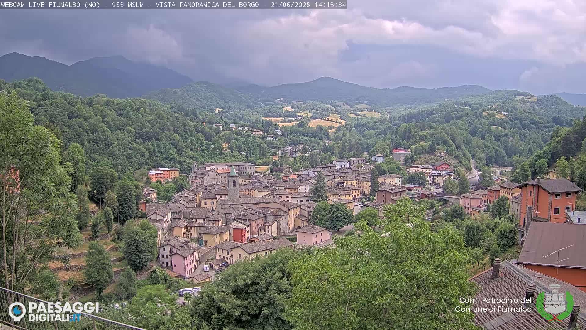 A small town nestled in a valley surrounded by lush green hills and mountains under a partly cloudy sky.