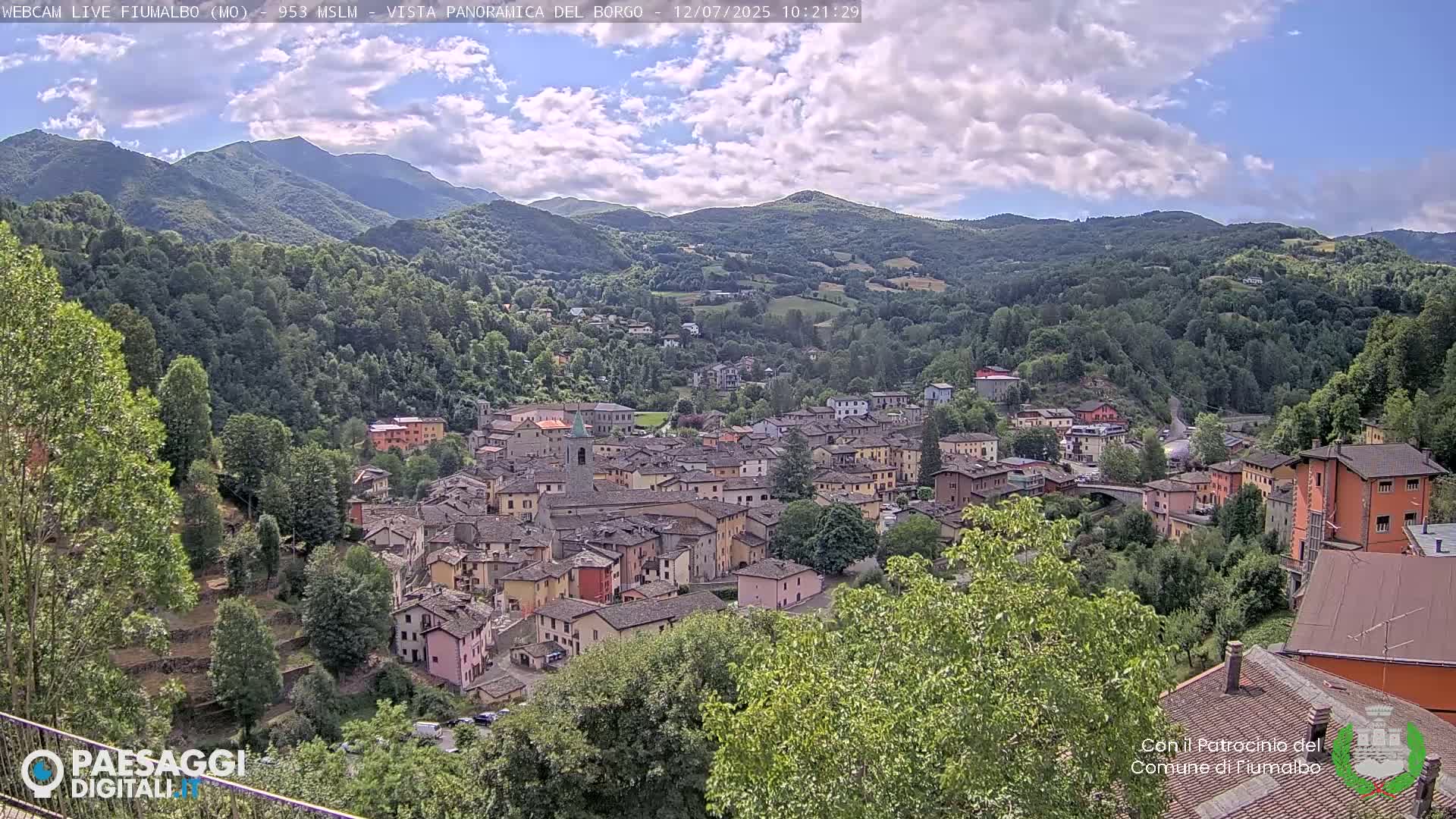 A small town nestled in a valley between lush green hills under a partly cloudy sky.