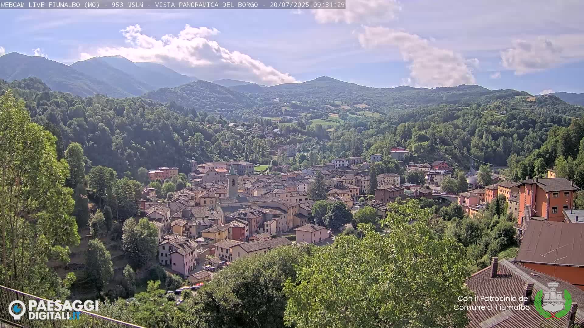 A picturesque village nestled in a valley surrounded by lush green hills and mountains under a partly cloudy sky.
