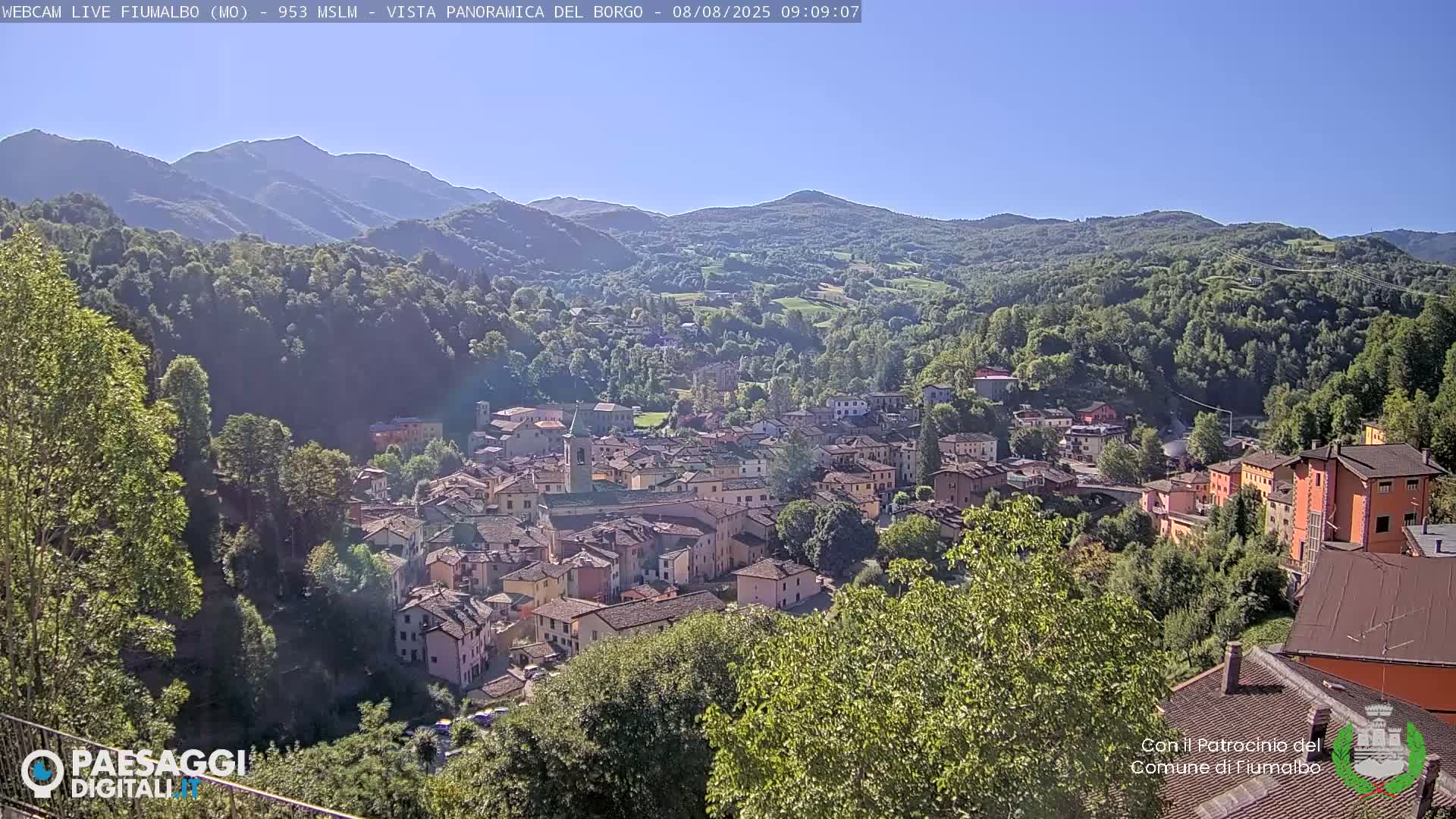 A quaint village nestled in a valley surrounded by lush green hills and mountains under a clear blue sky.