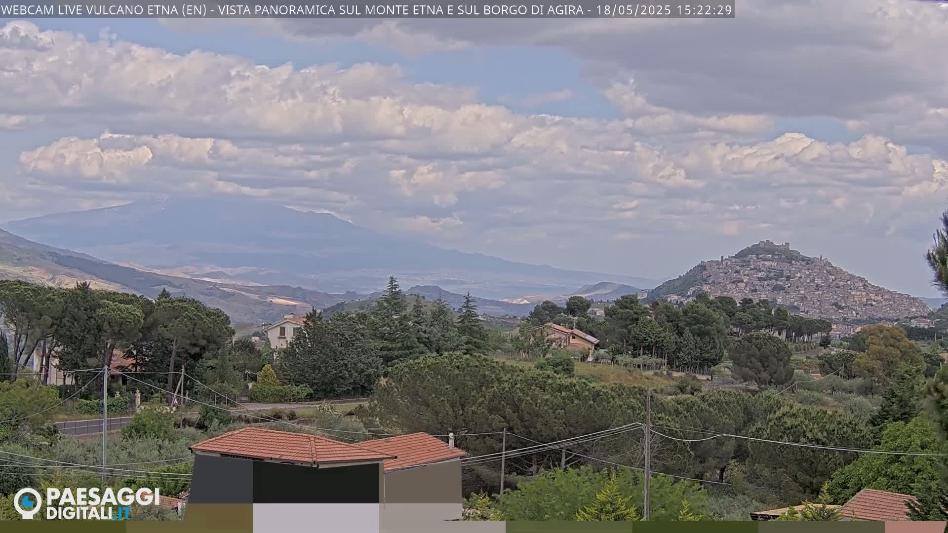 A partly cloudy day reveals a distant, large volcano and a hilltop town nestled among green trees and houses.