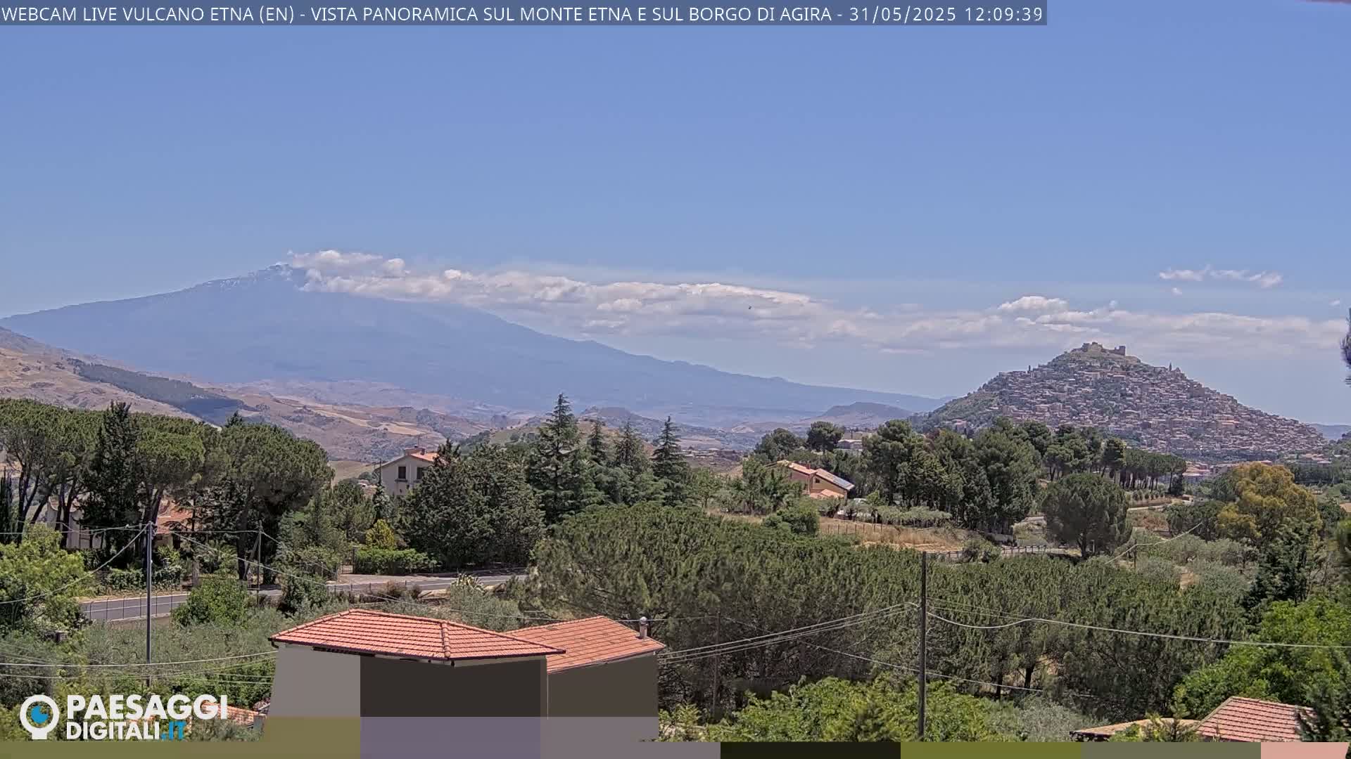 A partly cloudy day reveals a view of Mount Etna in the distance, with a town nestled on a hill in the foreground, surrounded by lush green vegetation.