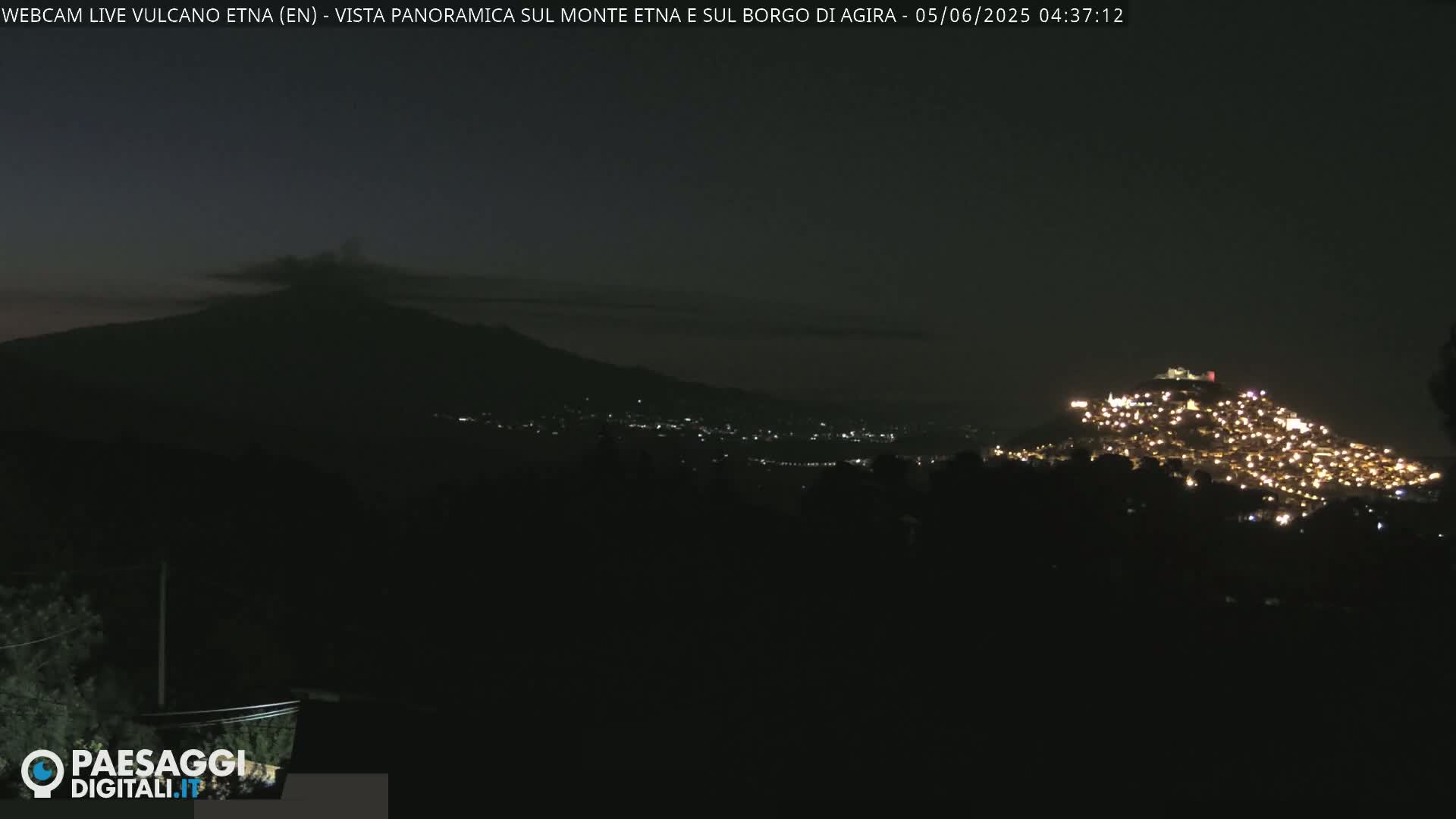 A nighttime, panoramic view shows a volcano emitting smoke, a town illuminated with lights on a hill in the foreground, and a dark, expansive landscape.
