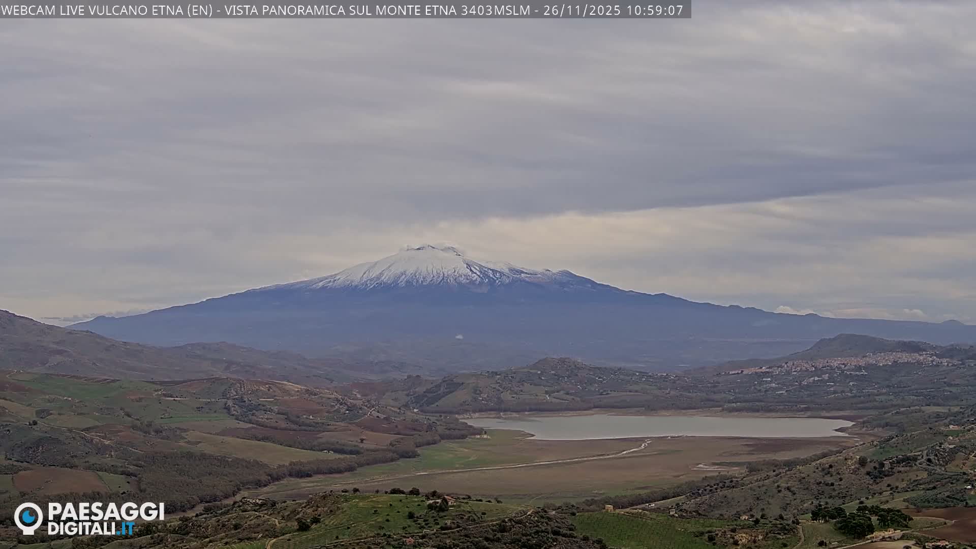 A wide panoramic view captures a snow-capped volcano towering over a valley containing a lake with exposed banks and green rolling hills, with a distant town visible on a hillside, all under an overcast, gray sky.