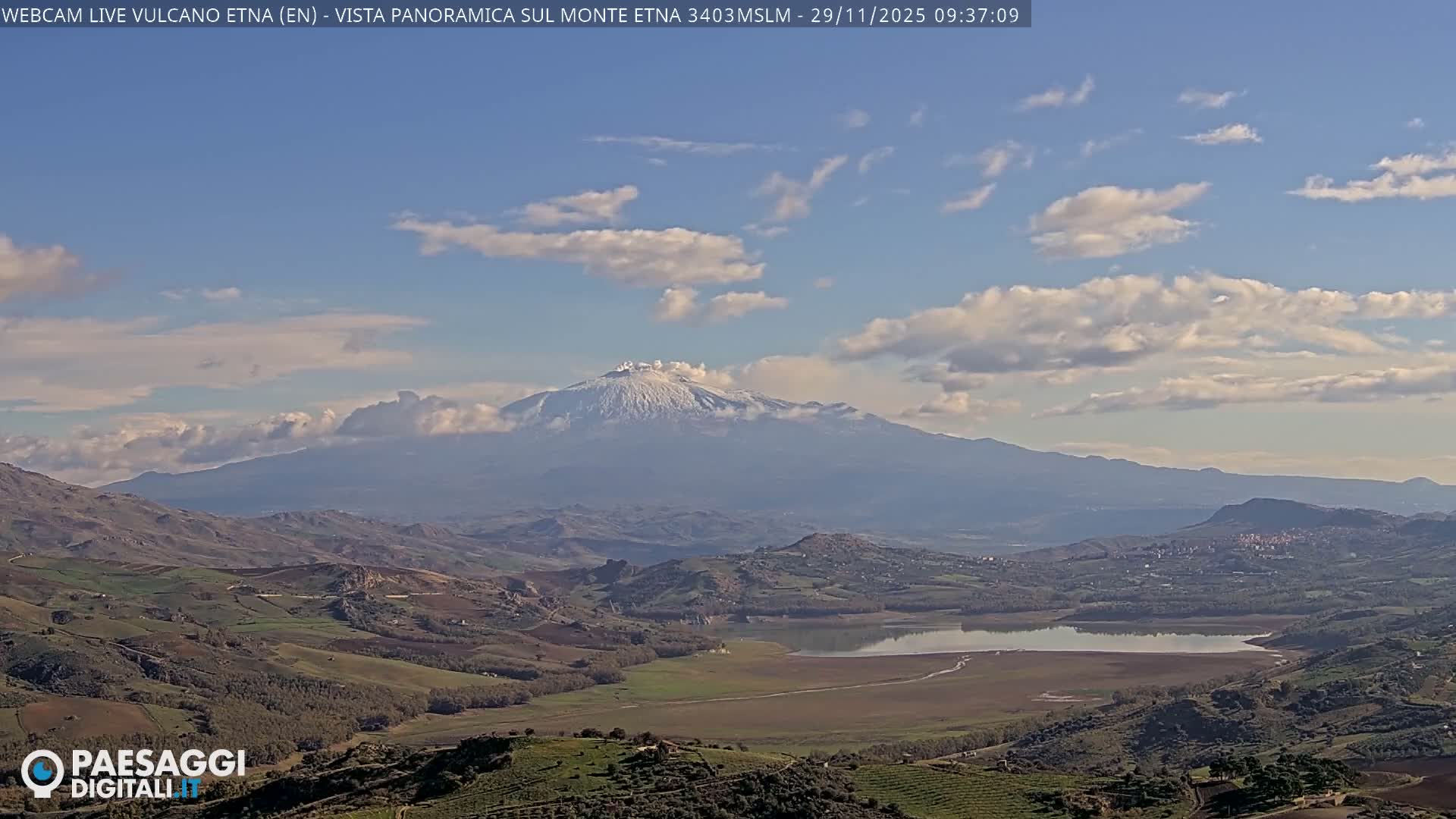 Under a clear blue sky with scattered white clouds, a snow-capped volcano with a plume of smoke rises above a landscape of rolling green hills, a serene lake, and a small distant village.