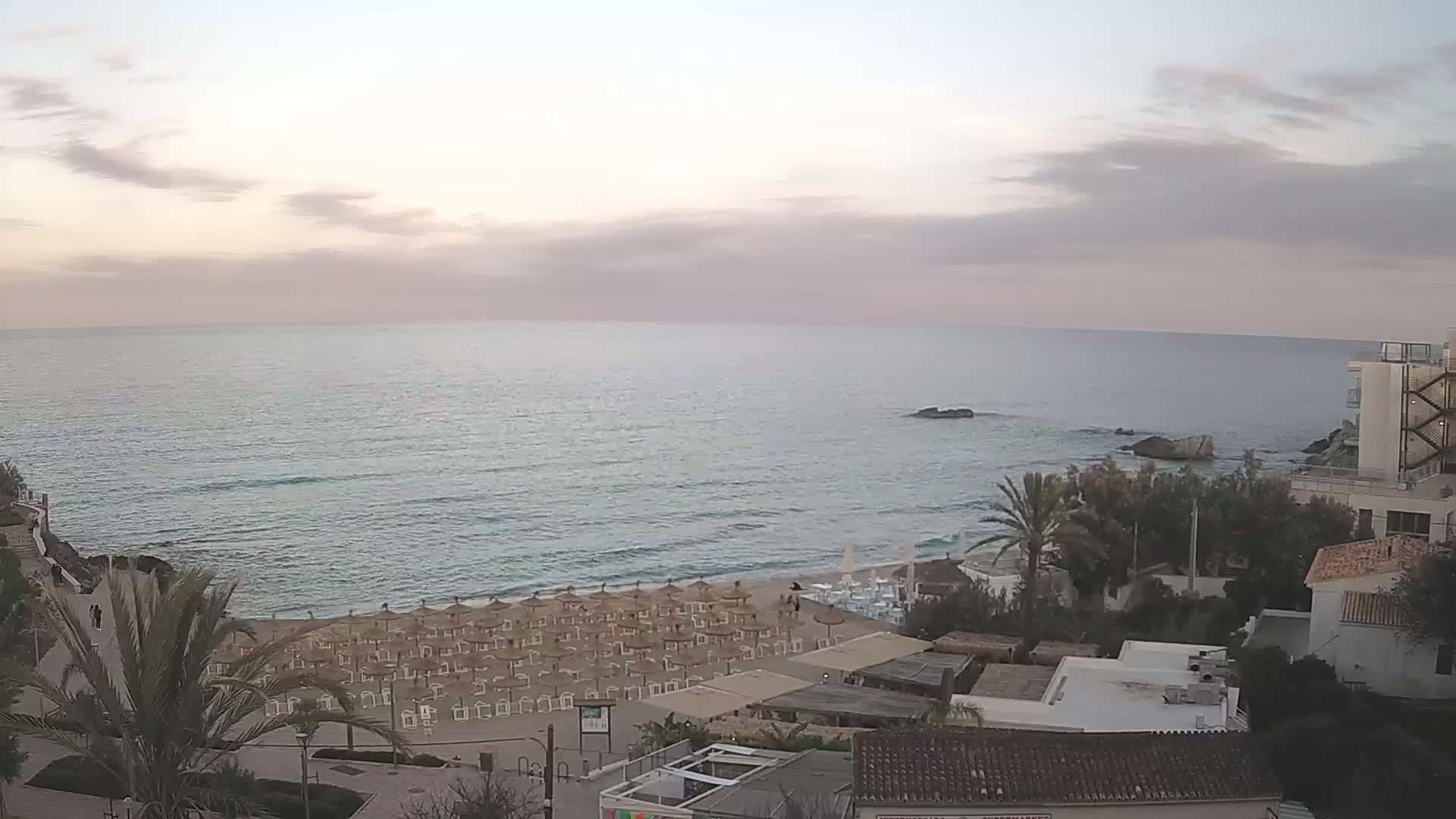 A beach with numerous umbrellas and chairs sits next to calm ocean water under a cloudy, light-pink sky.