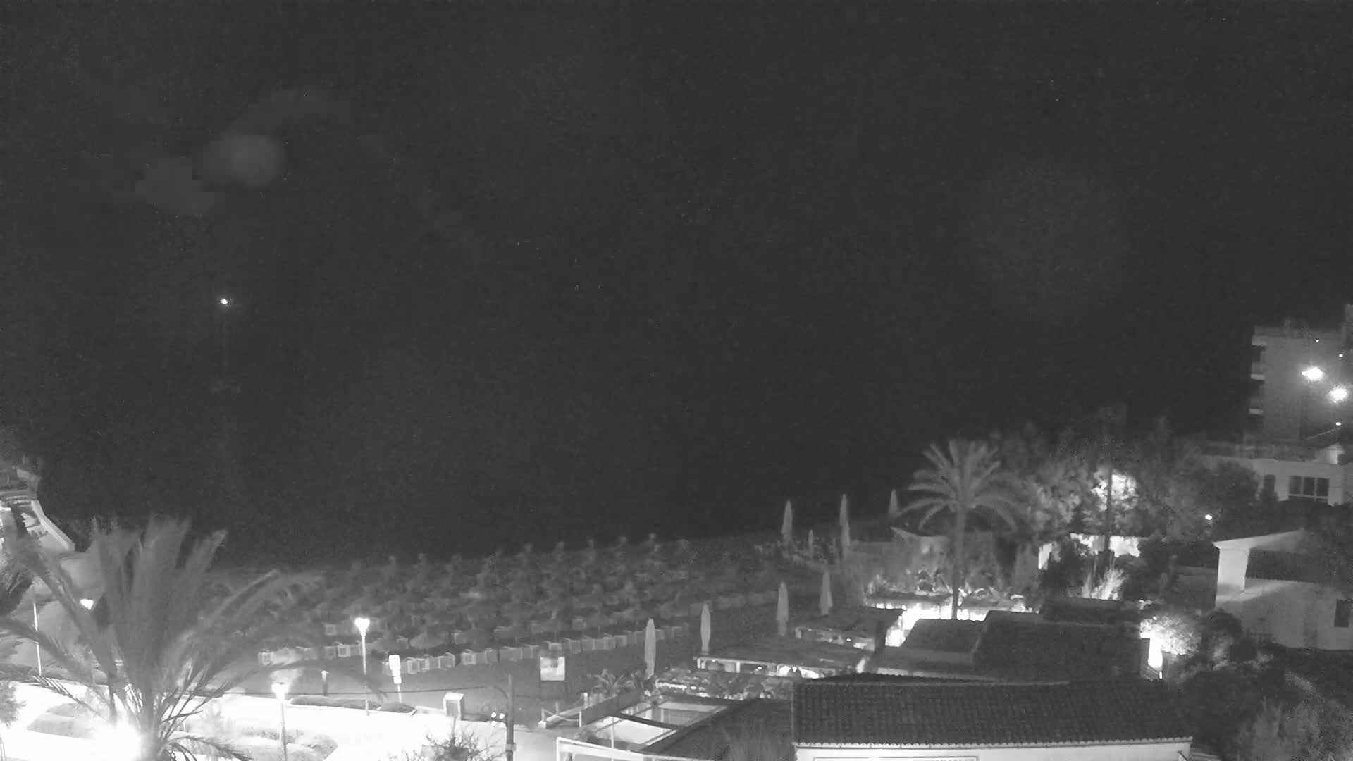A nighttime, high-angle view of a beach with rows of beach umbrellas and palm trees, next to buildings and under a dark, cloudy sky.