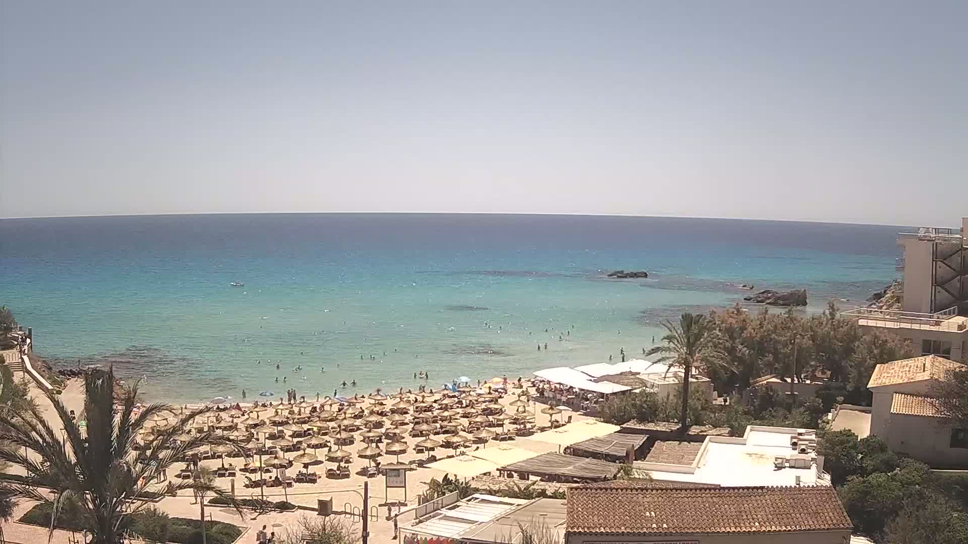 A sandy beach with numerous umbrellas and people, next to a calm, turquoise ocean under a clear sky.