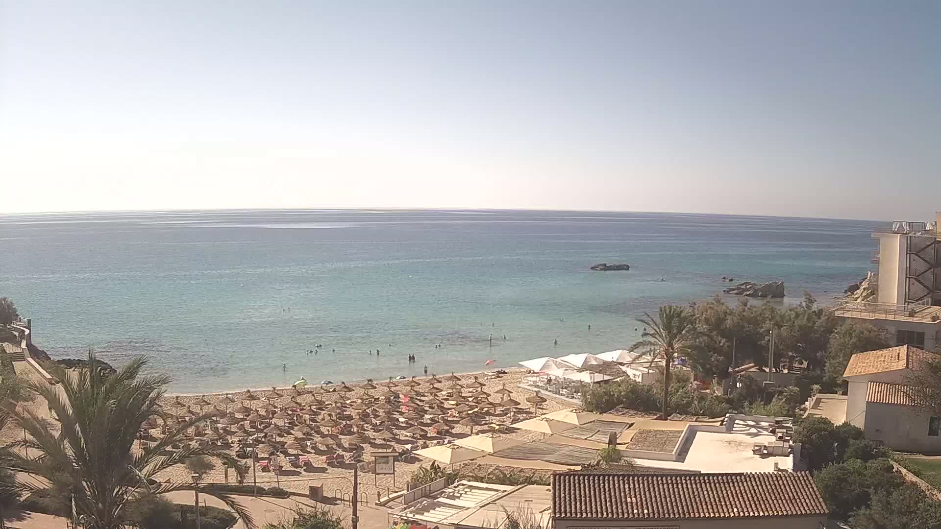 A sandy beach with numerous umbrellas and sunbathers is situated next to a calm, clear ocean on a sunny day.