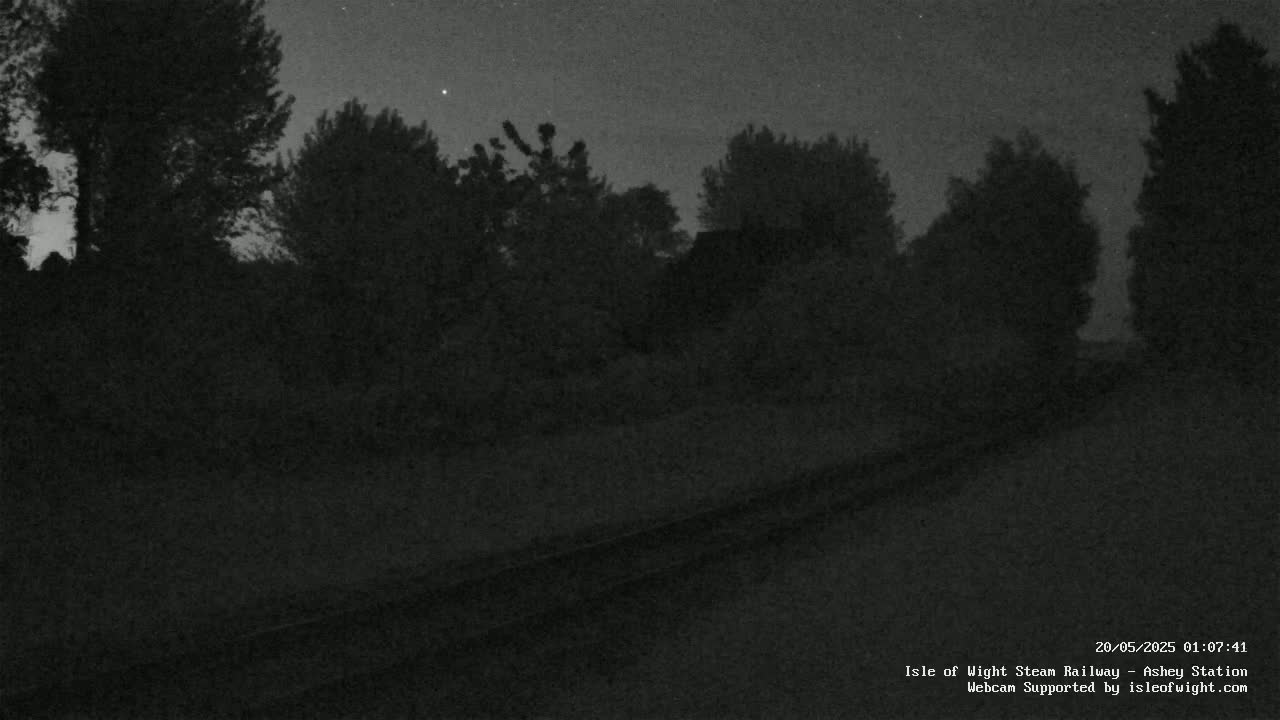 A nighttime view of dark trees and a railroad track under a mostly clear, starlit sky.