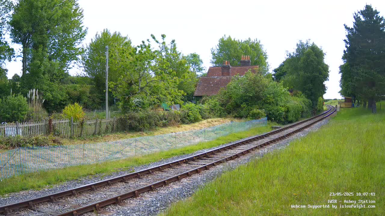 A railway track winds through a grassy field, past a small house nestled amongst lush greenery under a bright, mostly clear sky.