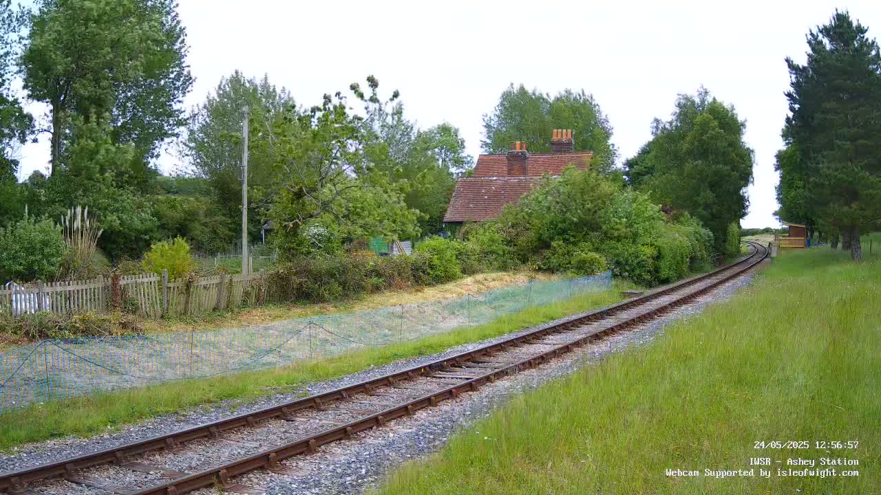 A railway track winds through a grassy field toward a small cottage nestled among lush green trees under a mostly cloudy sky.