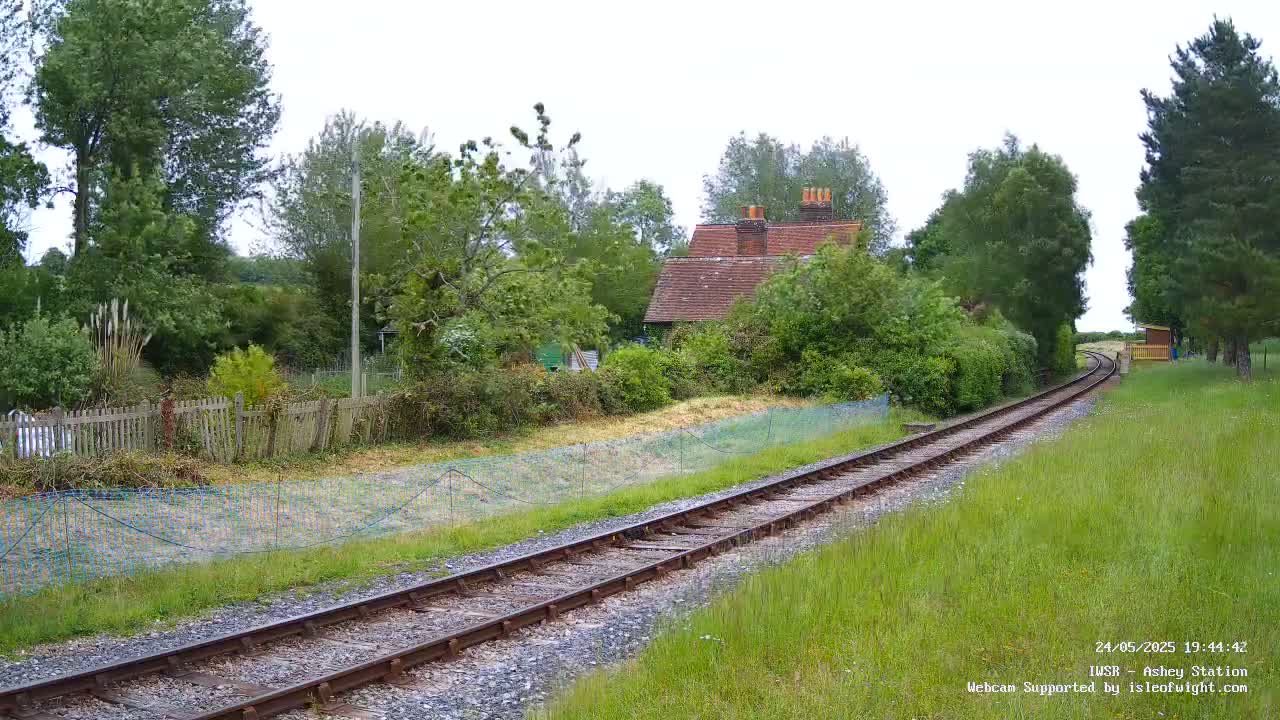 A railway track extends into the distance, passing beside a small house and a grassy area with trees under an overcast sky.