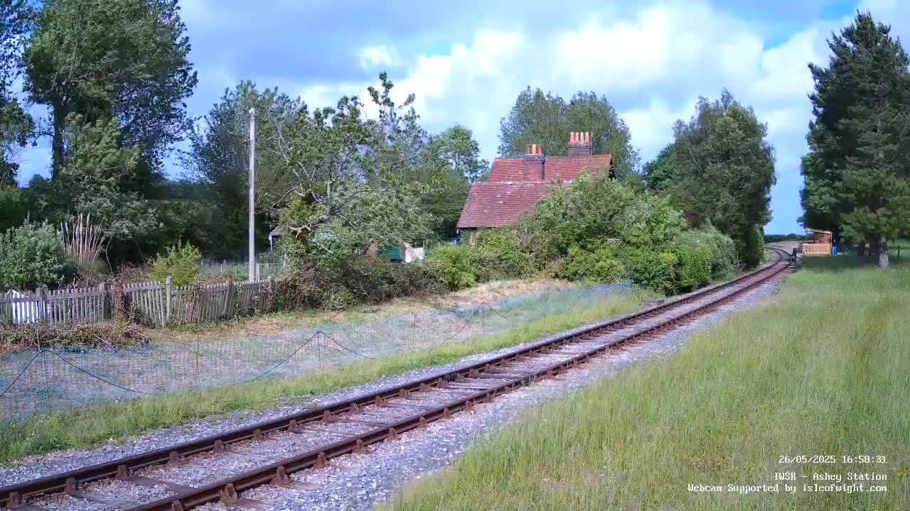 A railway track stretches into the distance on a sunny day, passing a small house nestled among overgrown vegetation and trees.