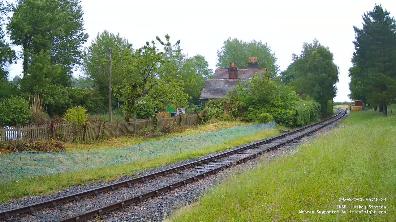 A railway track extends into the distance, passing a small house nestled among overgrown vegetation on an overcast day.
