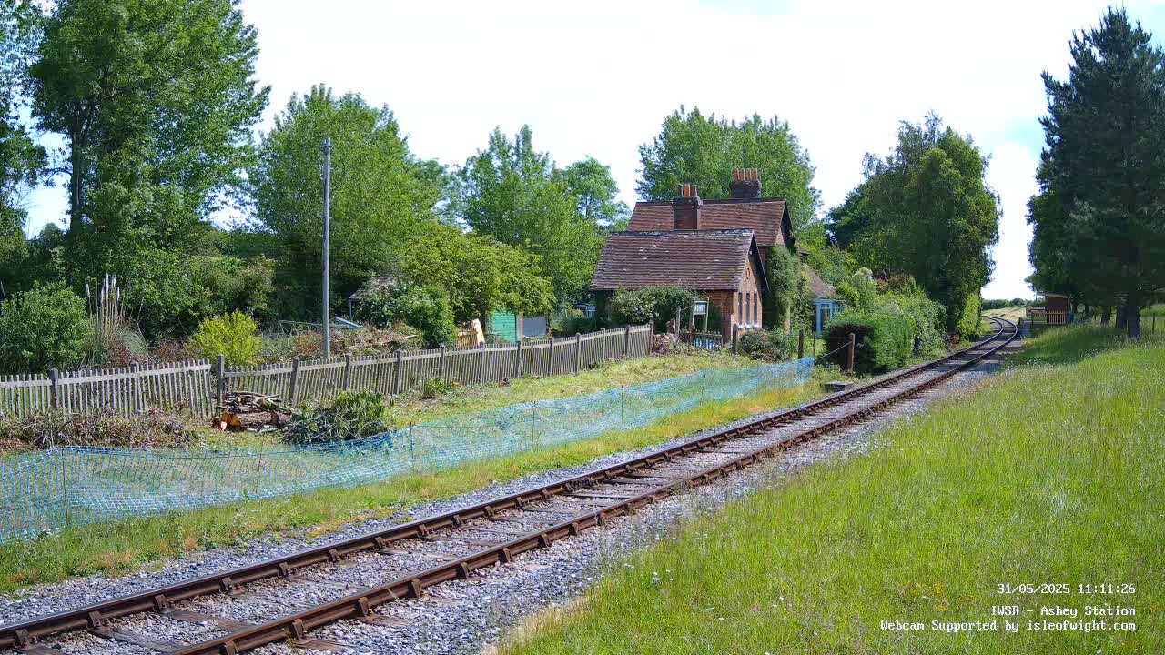 A railway track winds through a grassy field towards a small brick house nestled amongst lush green trees on a sunny day.