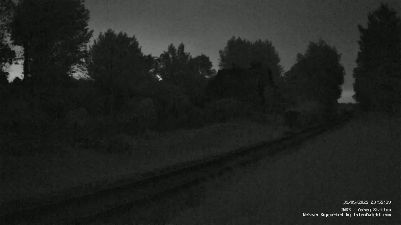 A dark, nighttime scene shows a railway track running through a line of silhouetted trees under a dusky sky.