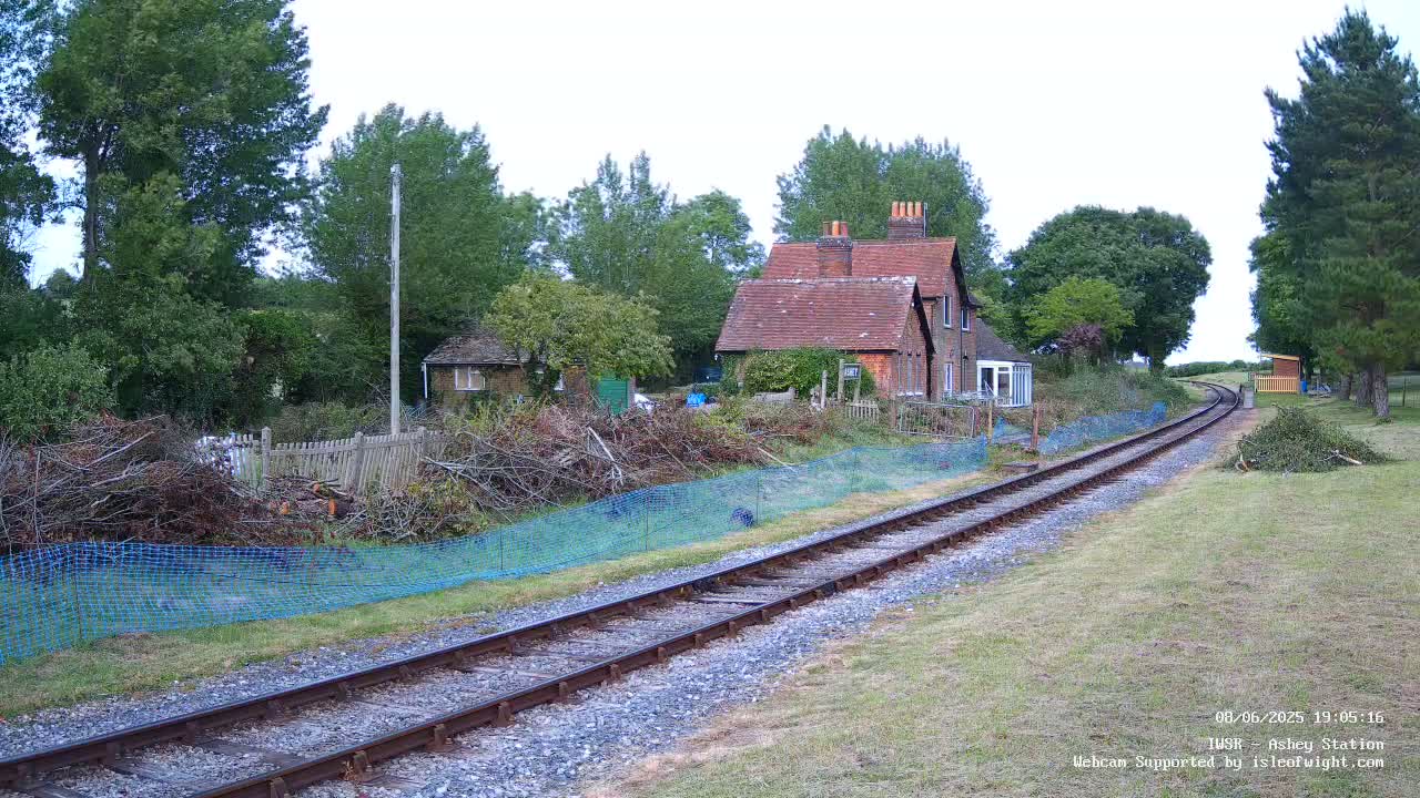 A railway track curves gently away from a small brick house and some overgrown vegetation, under a partly cloudy sky.