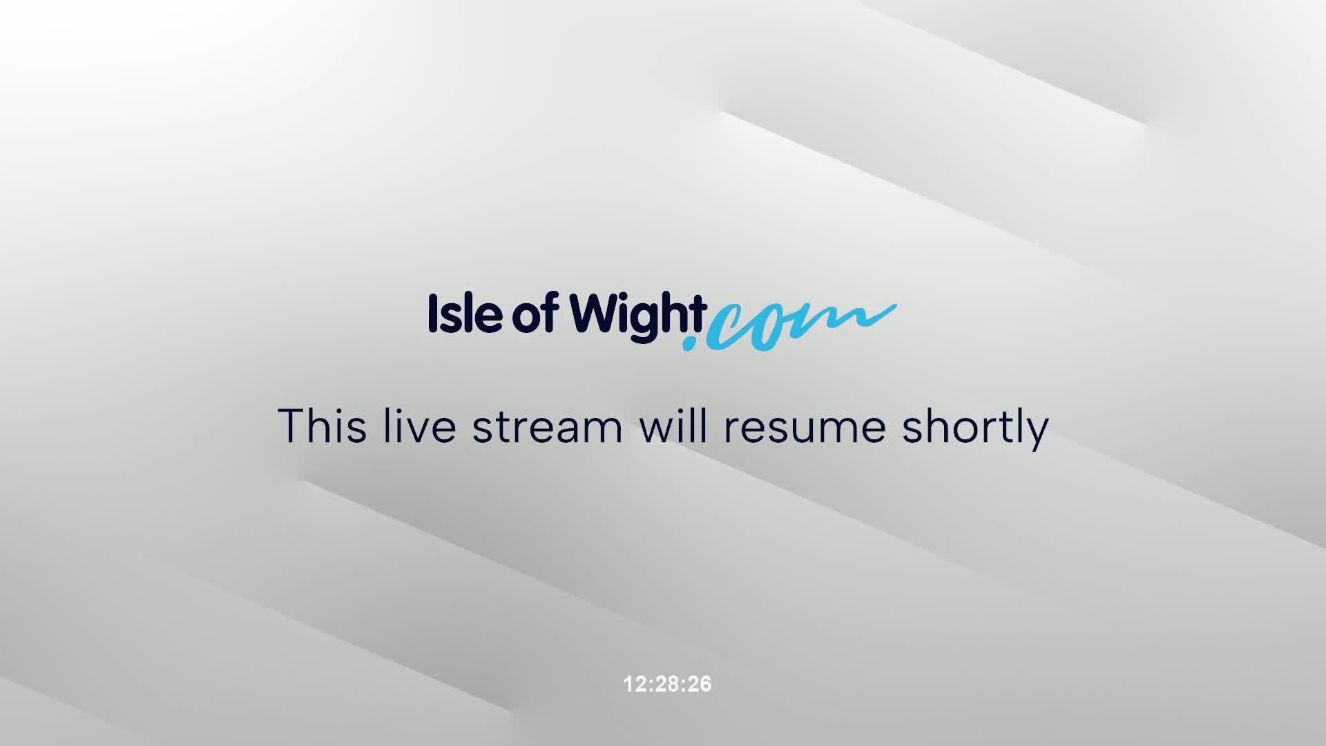 A light gray screen displays diagonal shadows, with a message indicating that a live stream will resume shortly.