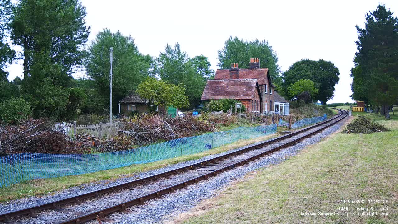 A railway track extends into the distance, passing a brick house and several overgrown areas, under a cloudy sky.