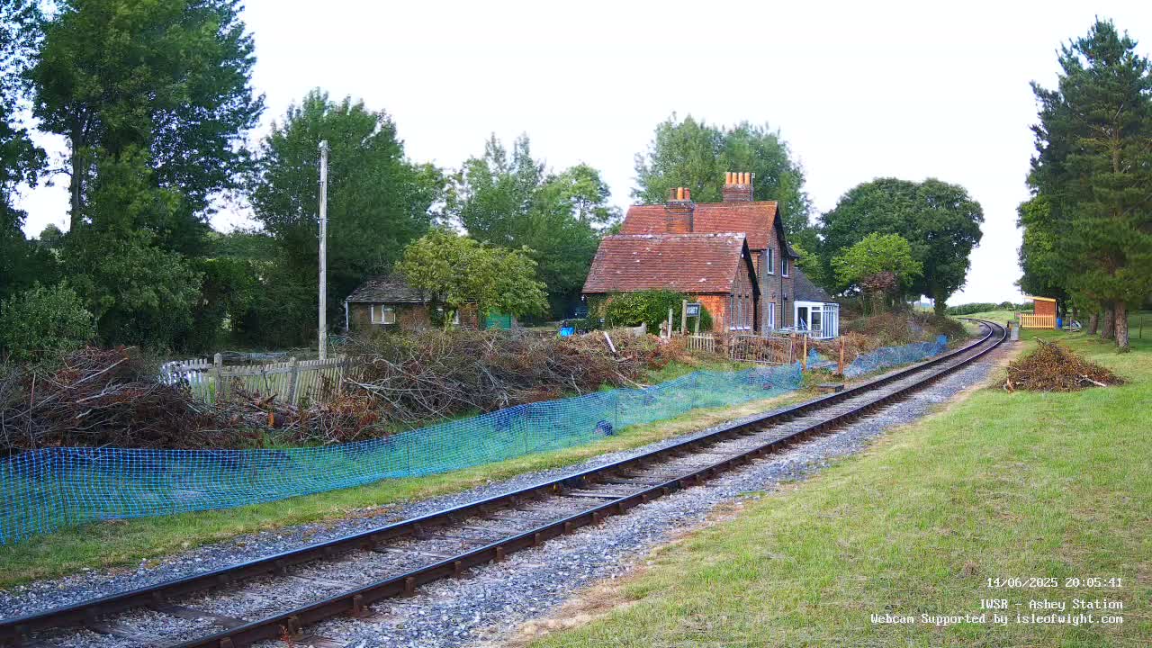 A railway track winds through a grassy area toward a brick house and other buildings nestled among lush green trees under a partly cloudy sky.