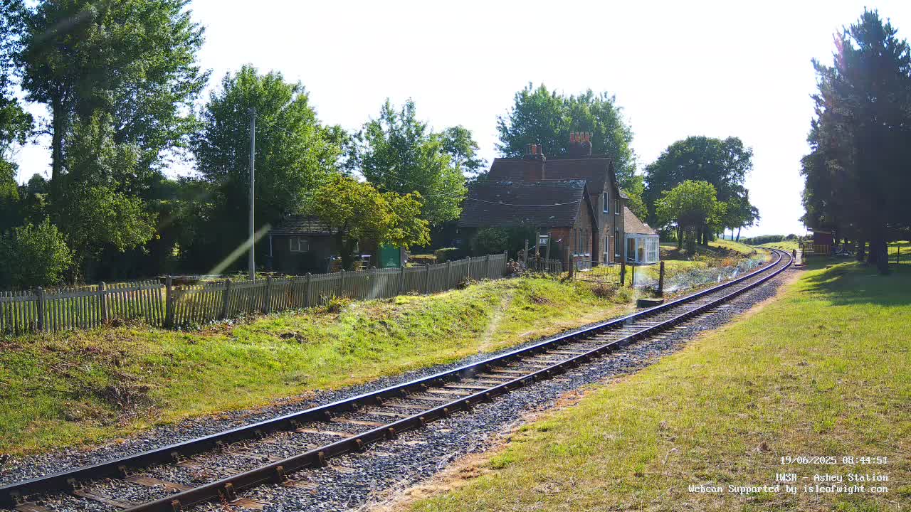 A sunny day reveals a railway track winding past a small house and lush greenery.