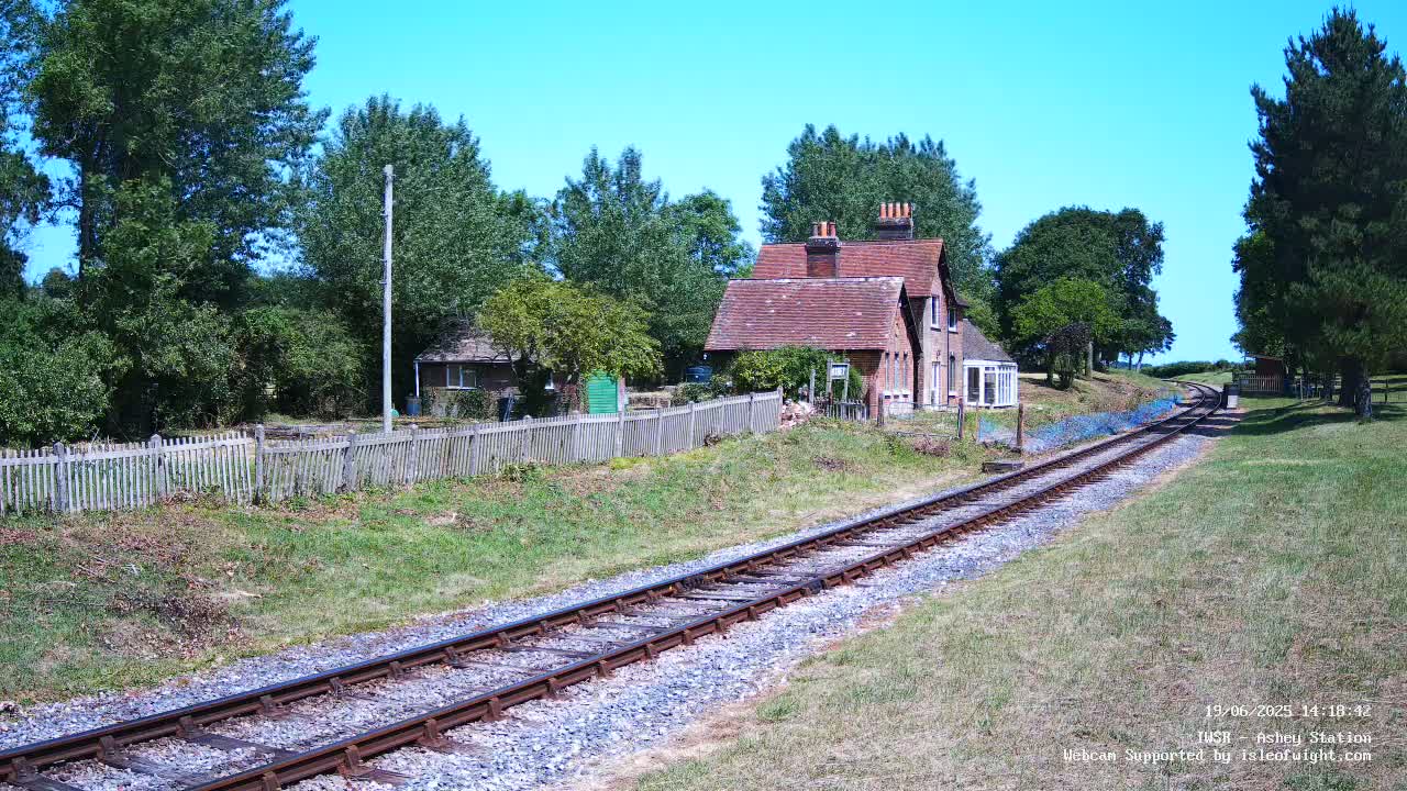 A railway track extends from the foreground toward a small brick house surrounded by a wooden fence and lush green trees under a clear blue sky.